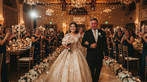 15 Años en Salón con lluvia dorada y entrada emotiva de la quinceañera