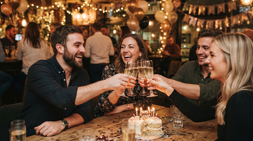 Cumpleaños Especial con brindis emotivo entre amigos y luces cálidas